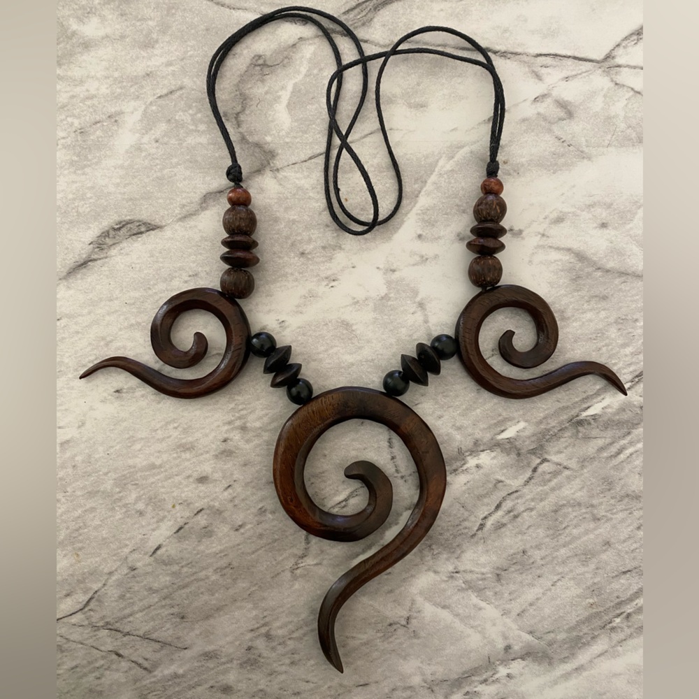 Carved Spiral Wooden Statement Necklace - Dark Brown